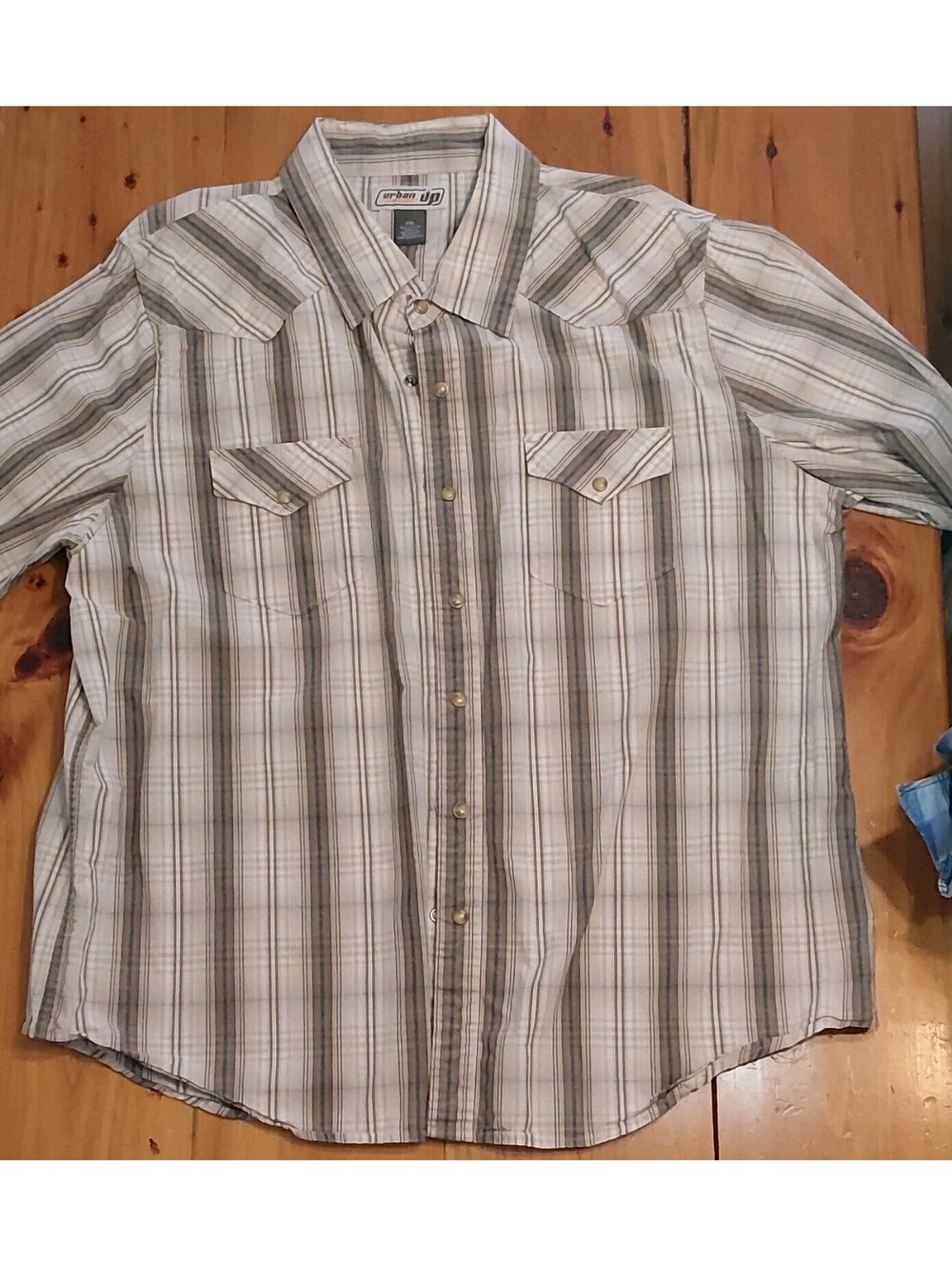 Urban Pipeline Men's Plaid Woven Cotton Button-Up Shirt Pockets XXL Beige Blue